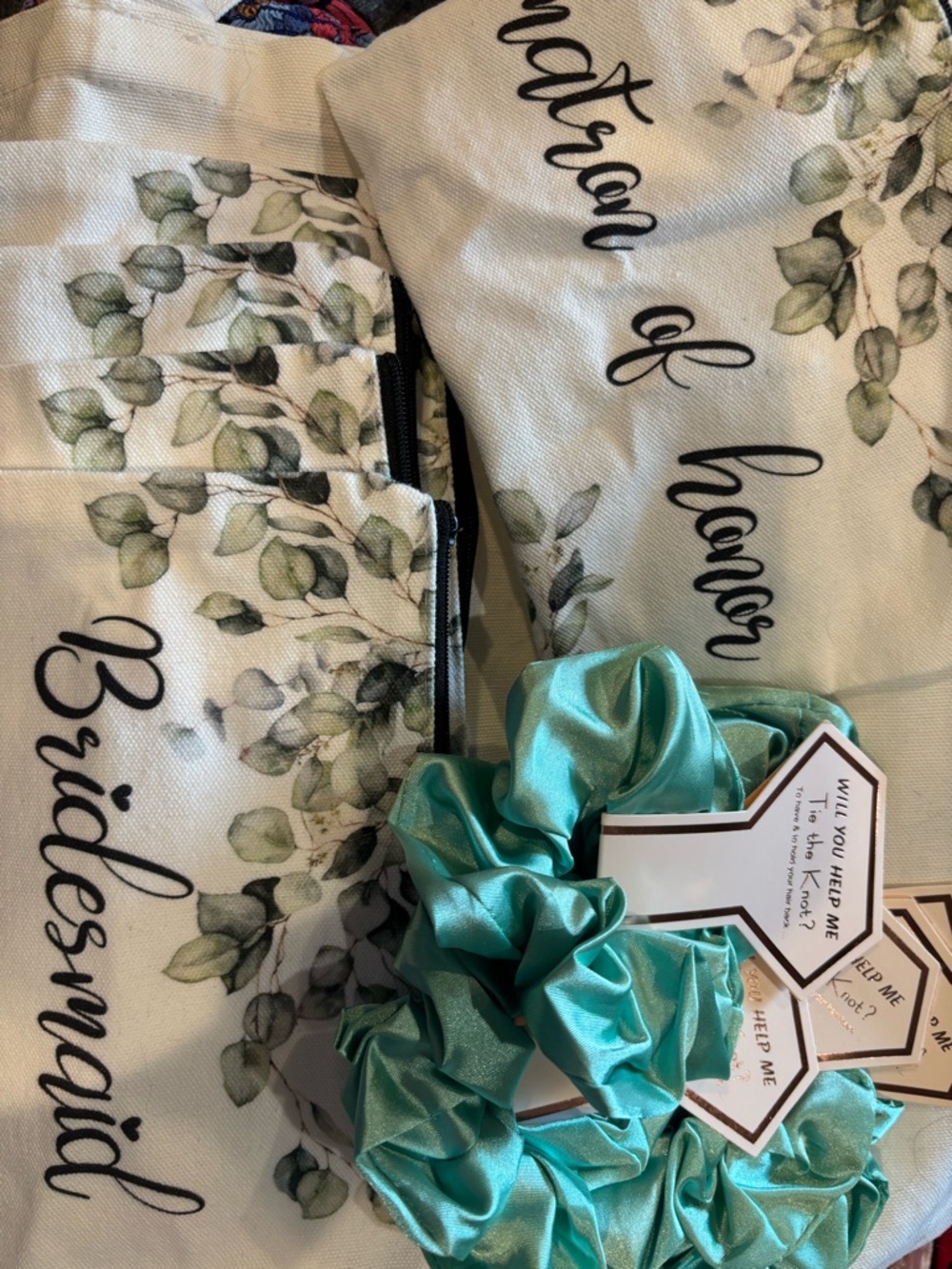 Bridesmaid proposal bags with White Tote with Gold Script